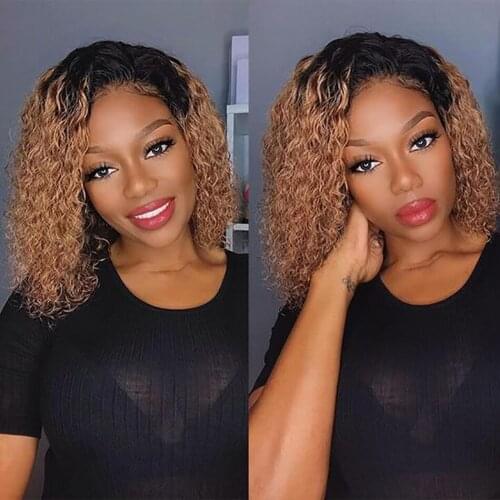 Ombre Short Bob Wig Kinky Curly T Part Lace Human Hair Wig 1B/30 Color Brazilian Highlight Lace Closure Wig Baby Hair Spark Wigs