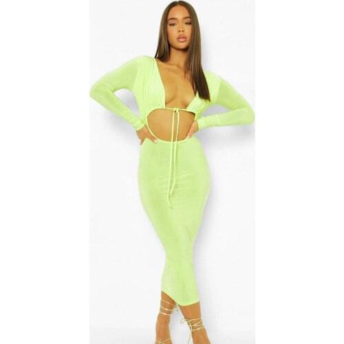 Autumn Clubwear Black Dresses For Women 2021 Long Sleeve Drawstring Hollow Out Bodycon Dress Sexy Deep V Neck Midi Dress