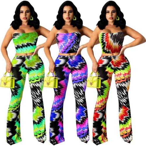 Print Sexy Off Shoulder Crop Tops & High Waist Wide Leg Pants Set Women Casual Summer Two Piece Set Vintage Matching Set Outfits