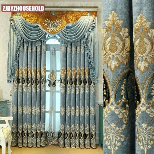 2021 Luxury Living Room European-style High-end Chenille Blackout Embroidered Curtains for Bedroom Blue Luxury Curtains Custom