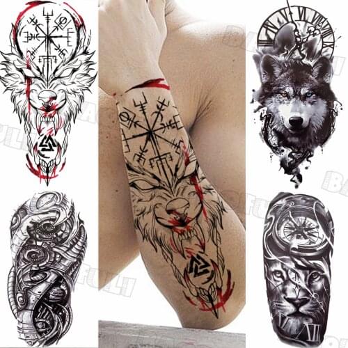 Warrior Knight Temporary Tattoos For Men Adult Compass Wolf Fake Tattoo Sticker Realistic Cool Half Sleeve Tatoos Thigh