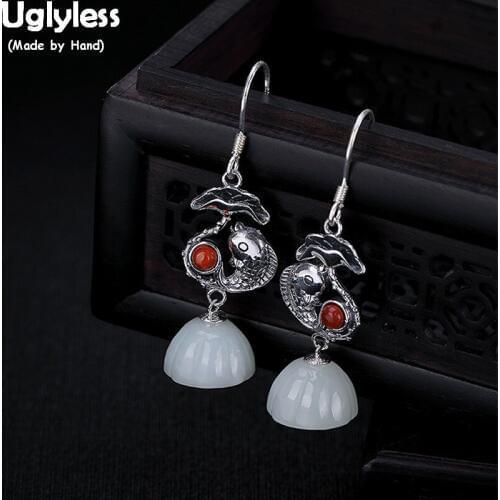 Uglyless Real 925 Sterling Silver Handmade Thai Silver Lotus Leaf Fish Earrings Natural Jade Lotus Flower Fine Jewelry for Women