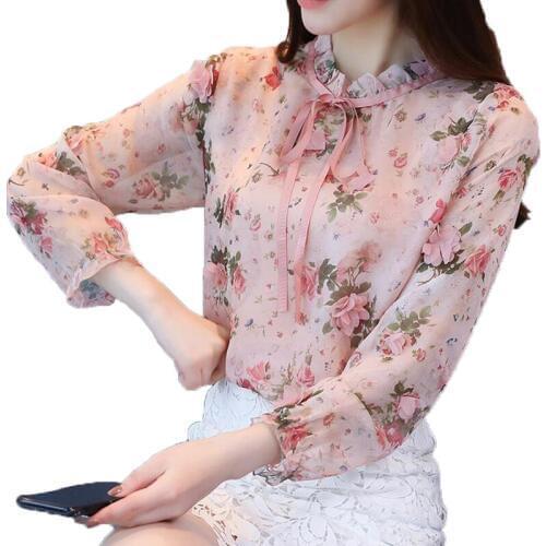 Spring Autumn Women Tops Long Sleeve Casual Chiffon Blouse Female Bow O-neck Plus Size Fashion Floral Print Loose Chiffon Shirts
