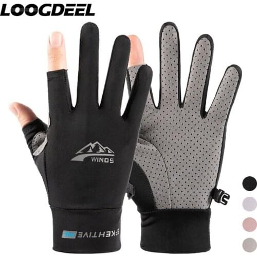 LOOGDEEL Two Finger Cut Ice Silk Cycling Gloves Anti-UV Sunscreen Lightweight Breathable Outdoor Sports Fishing Running Gloves