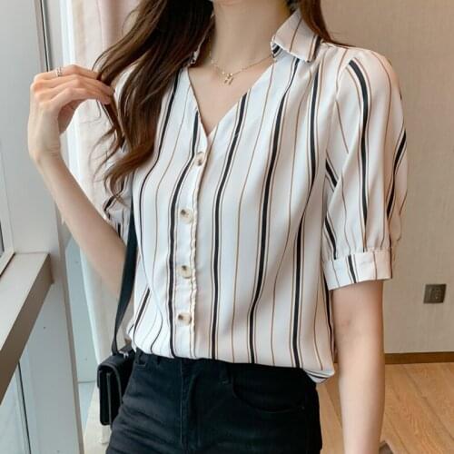 Striped Chiffon Shirts 2021 Summer Fashion V Collar Blouses for Woman Dropshipping Button Down Shirt for Women Tops Mujer 1002