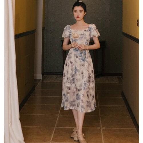 Summer French Retro Dress Women Lace Square Neck Elegant Romantic Floral Puff Sleeve Retro Sweet Dress Vestidos