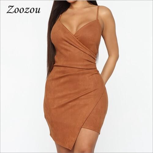 Spaghetti Strap Suede Leather Mini Dress Sexy Deep V Neck Wrap Camisole Dresses Women Backless Short Bodycon Faux Leather Dress