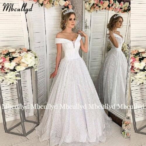 Shiny Glitter A-Line Wedding Dress Off the Shoulder Boho Long Wedding Gowns Vestido De Novia Vintage V Neck Bride Dresses