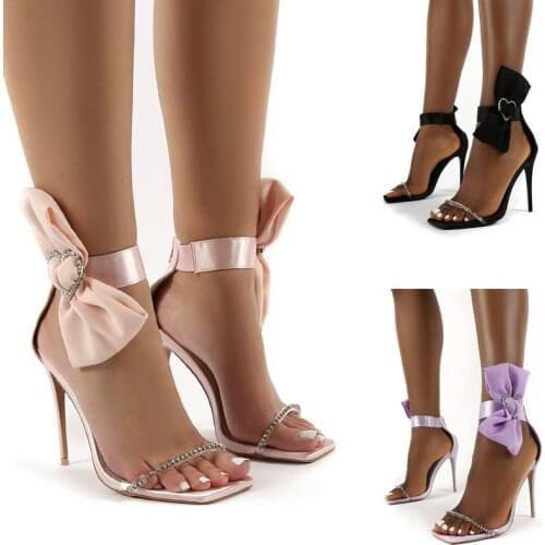 High-heeled Sandals Stiletto Black Purple Female Bow Heart-shaped Rhinestone Sexy Heels Wedding Bridesmaid