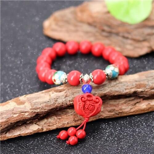 Lock 8mm Beads Bracelet Chinese Natural Red Organic Cinnabar Elastic Bangle Pixiu Amulet Charm Jewellery Fashion Woman Gifts