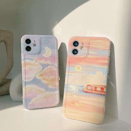 Retro starry sky moon Fantasy Sunset train art Phone Case For iPhone 11 12 Pro Max Xs Max XR Xs 7 8 Plus X 7Plus case Cute Cover