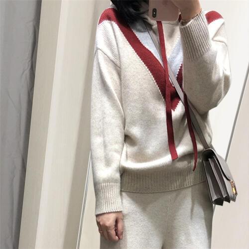 Pure cashmere knit girls fashion hooded contrast color loose thick pullover sweater S-L