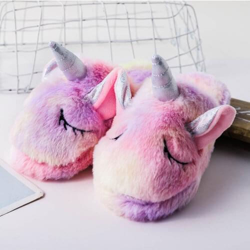 Childrens Cute Unicorn Slippers Newly Girls Shoes Interior for Home Furry Slippers Female Indoor Warm Fluffy Slides Baby Shoes