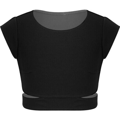 Kids Cap Sleeves Stretchy Cutout Waist Bra Crop Top Workout Dancewear Girls Ballet Gymnastics Tops Stage Performance Costume