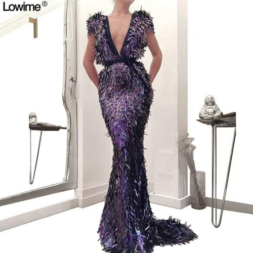 Dubai Fashion Long Mermid Prom Dresses 2019 With Special Sequin Deep V-Neck Sexy Evening Prom Party Celebrity Red Carpet Gowns