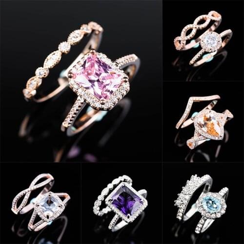 2pcs Luxury Big Crystal Zirconia Ring Set Luxury Gold Color Rings For Women Couple Ring Fashion Jewelry 2021 Trend Wedding Gifts