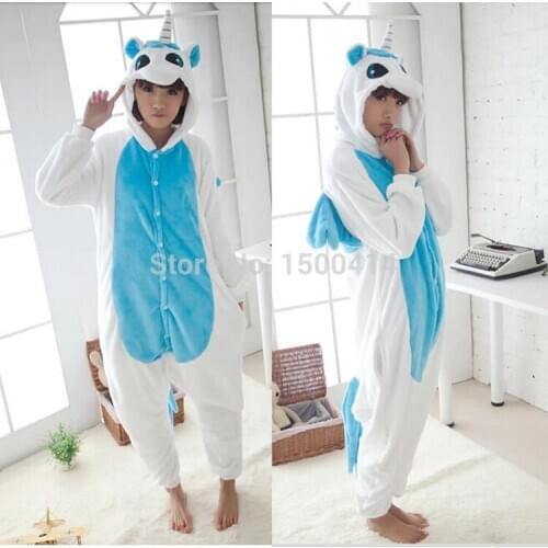 Halloween Carnival Party Animal Cosplay Unisex Costume Sky Blue vs White Unicorn Onesies Pajama For Adult (No Slipper)