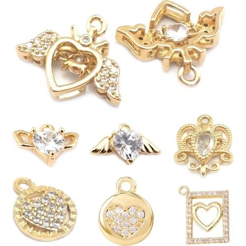 40138)6PCS 24K Champagne Gold Color Brass and Zircon with Wing Heart Charms Pendants Jewelry Making Supplies Diy Accessories