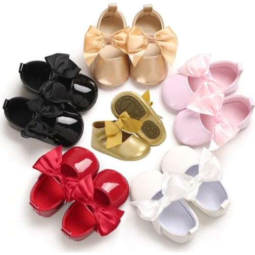 Cute Baby Shoes PU Leather Newborn Girls Moccasins Soft Rubber Sole Shoes First Walkers Princess Bowknot Toddler Prewalker