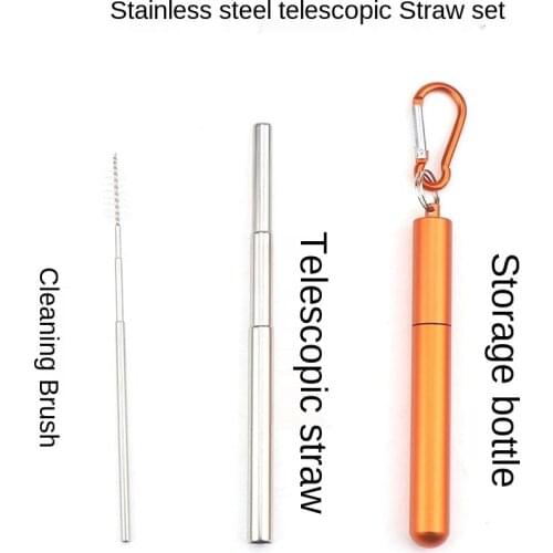 Reusable Stainless Steel Straws with Aluminum Keychain Case Cleaning Brush Collapsible Telescopic Portable Drinking Straws