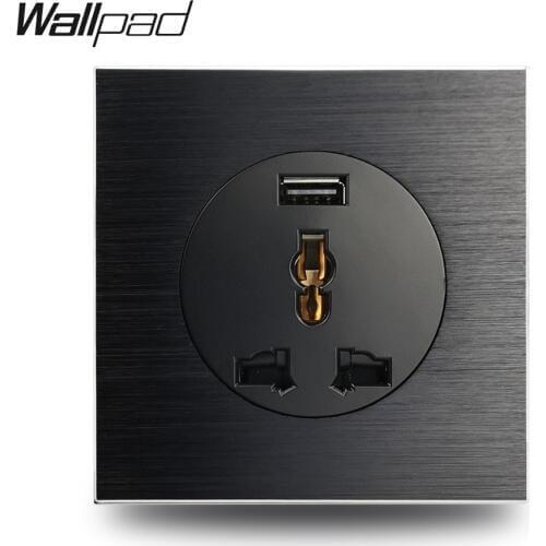 Wallpad L6 Black Satin Metal Universal 3 Pin Wall Socket With 2.1A USB Charging Port Brushed Aluminum EU UK US Universal 3 Pin