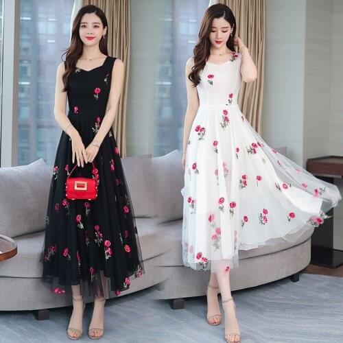 2021New Fashion Womens Beach Party Plus Size Lace Chiffon Sleeveless Slim Rose Floral Print Female Long Summer Vestidos Dress