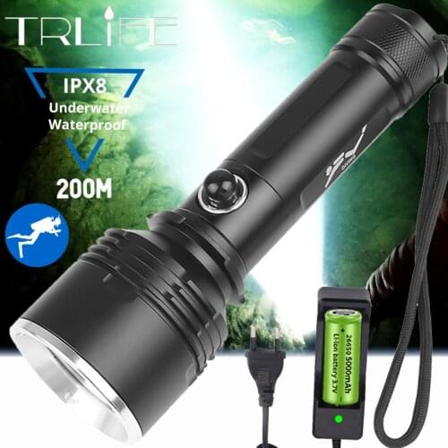 XHP70 IP8 Professional Diving LED Flashlight Underwater 200m Waterproof Rating Dive Light 3 Lighting Modes for Diving Activities