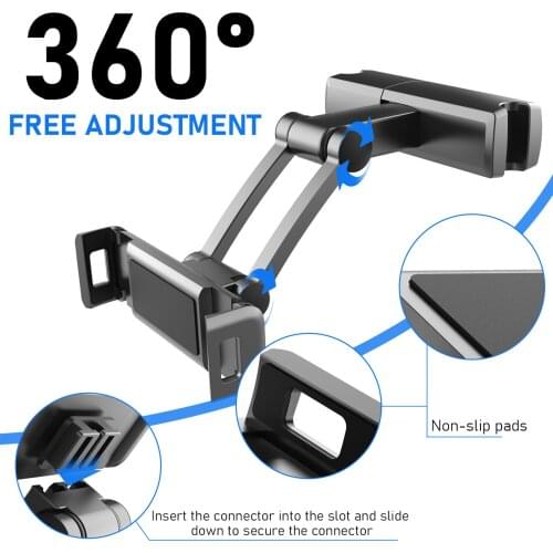 360° Adjustable Universal Car Headrest Seat Mount Holder for Phone Tablet 4.7"-12.3", Black
