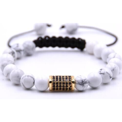 Handmade Natural Stone Beads Strand Bracelet Micro Pave CZ Cube Charm Black Lava Rock Energy Men Jewelry Drop shipping