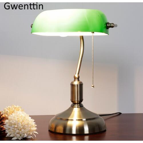 Vintage Green Glass Table Lamp Led Bronze Stand Light Fixtures for Bedroom Bedside Lamp Brass Lighting Home Loft Decor Luminaire