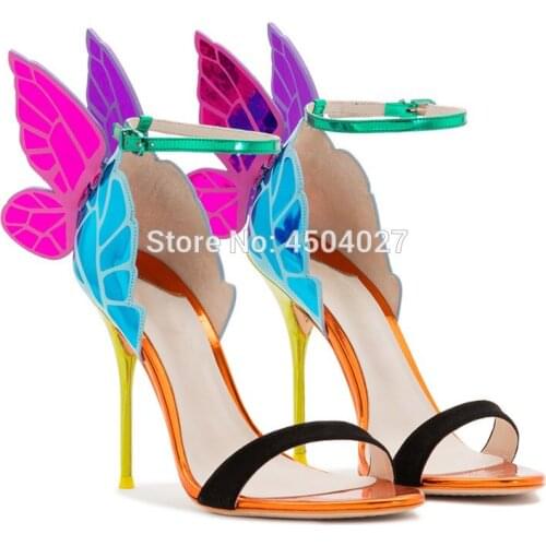 Lady Fashion Butterfly Wing Sandals Hot Buckle strap Peep Toe Nigh-club thin high heels Sandals Women Party Dress Shoes