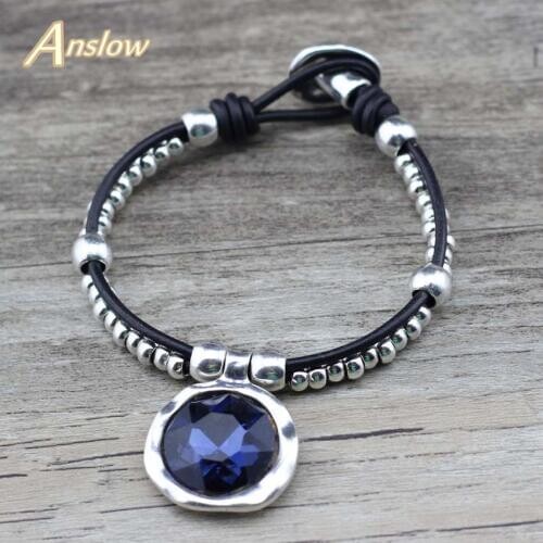 Anslow New Wholesale Charm Bijoux Round Crystal Leather Bracelet Wristband Jewelry For Women Female Valentines Day LOW0766LB