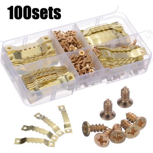 100 Sets 45*8mm Gold Saw Tooth Hangers Canvas Picture Frame Hooks + Screws Sawtooth Hangers For Hanging Picture Painting Mirror