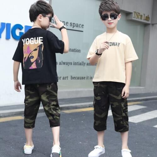 2Pcs Summer Outfits for Boys Girls Cotton T-Shirts Camouflage Shorts Casual Clothes Dancewear vetement garcon For 6 8 10 12 14 Y