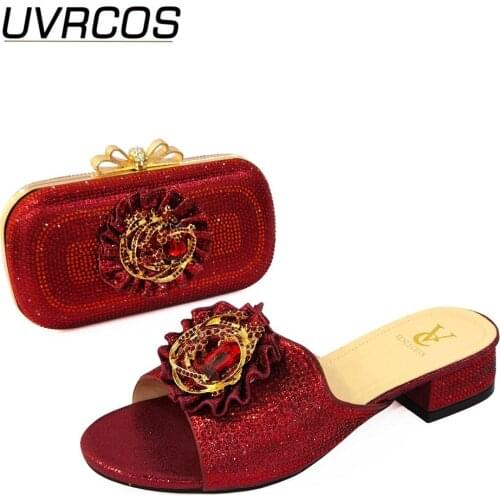 2021 Wine Color New Arrival Italian design Women Shoes Decorated with Rhinestone Flower African Shoes and Bag Set for Party