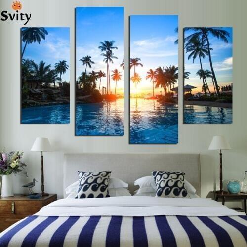 4 Pane Modern Seaside Park The Family Decorates painting Print On The Canvas Wall Art Picture Unframed Artworks