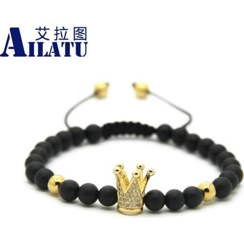Ailatu High Grade 6mm Matte Stone Beads Crown Braided CZ Beads Bracelet for Gift Pulseira Hombres