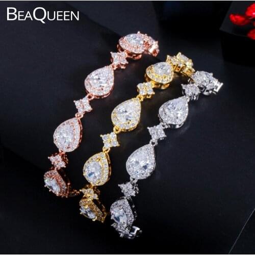 BeaQueen Gorgeous AAA Cubic Zirconia Flower Water Drop Wedding Bracelets Party Jewelry Accessories for Brides Bridesmaids B214