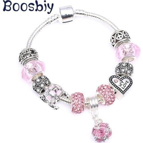 New Arrival Fashion Charm Bracelet With Pink Heart Crown Beads Fit European Style Brand Bracelet For Lovers Jewelry Gift