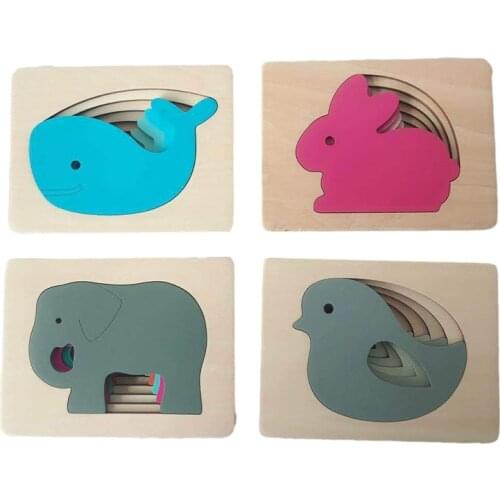 Montessori Wooden Toys Five Layers Color Gradient Animal Card Early Educational Toy for Children Cartoon Elephant Whale Puzzle