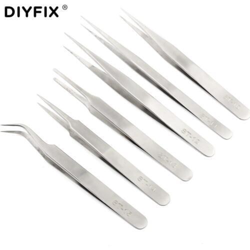 DIYFIX 6Pcs/Set Precision Stainless Steel Electronic Tweezers Kit Anti-skid Anti-static Picking Forceps Phone Repair Tools Set