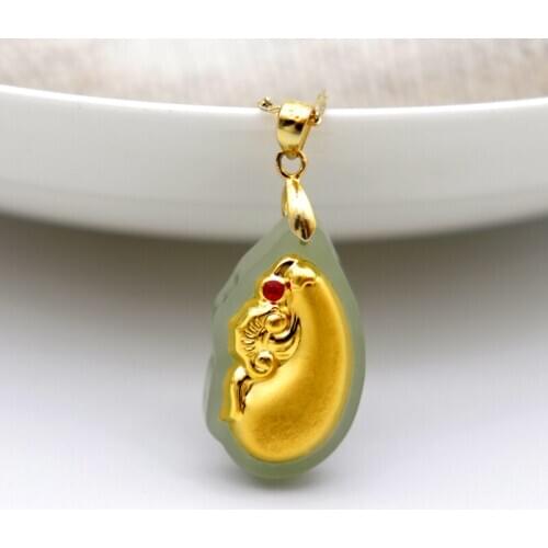Men Women 24K Gold Eggplant Fugu Pendant New Charm Jewelry Hetian Jade Necklace Natural Carved Amulet Gifts for Female Male