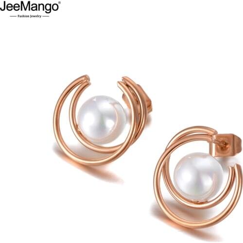 JeeMango Fashion Titanium Stainless Steel White Simulated Pearl Earrings For Women Geometric CZ Crystl Party Earrings JE20123