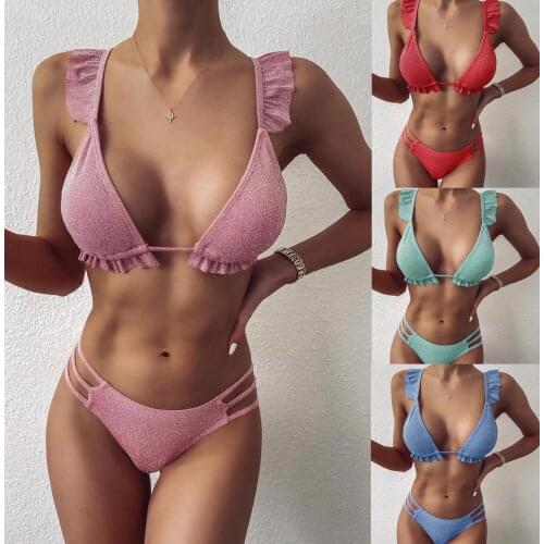 Two Piece Bandage Ruffle Bikini Sets Womens Swimsuit 2PCS Fashion Sexy Solid Color Ruffled Split Bathing Suit with Chest Pad