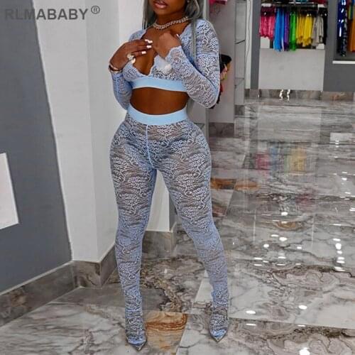 Sexy Transparent Lace Two Piece Set Women V Neck Long Sleeve Short Tshirts High Waist Trousers Outfits Suit Summer Lady Pant Set