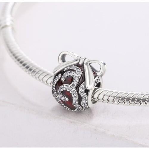 925 Sterling Silver White Zircon Round Red Beads Bow Decoration Pendant Charms Bracelet DIY Jewelry Making For Pandora