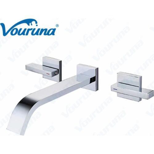 Vouruna Square Style Solid Brass Chrome Finish Wall Mounted Bathroom Faucet Built-in Wash Basin Mixer Taps