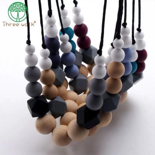 Fashion chewable silicone+original wood beads necklace baby teething teether holder toy diy teething necklace for mom no BPA