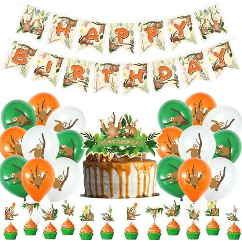 Sloth Themed Baby Birthday Party Decor Set Alphabet Pull Banner Banner Cake With Flag Latex Balloon