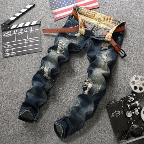 New Ripped Patchwork Mens Jeans Straight Men Slim Stretch Trousers Blue Hole Denim Pencil Pants Jeans For Men